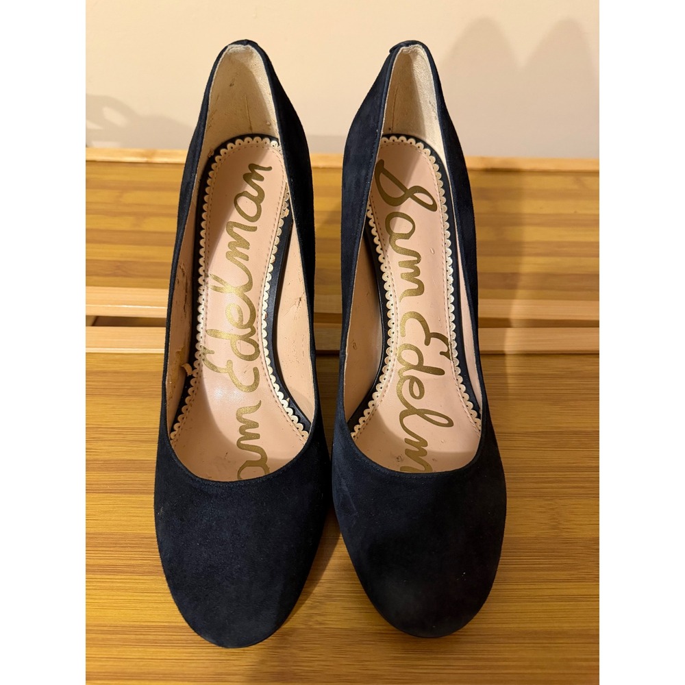 Sam Edelman Navy Blue Suede Block Heel Pumps Round Toe Size 9 Chunky Heel